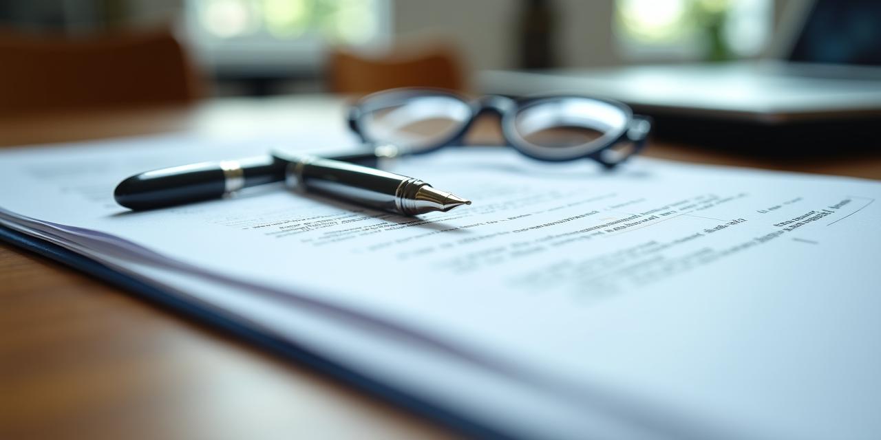 Un primo piano di una scrivania editoriale rifinita con documenti legali e una penna stilografica, atmosfera sobria e professionale
